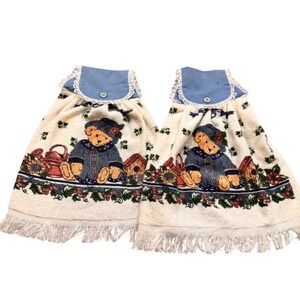 New Vintage Franco Teddy Bear Hanging‎ Kitchen Towels Blue Set Made in Canada
